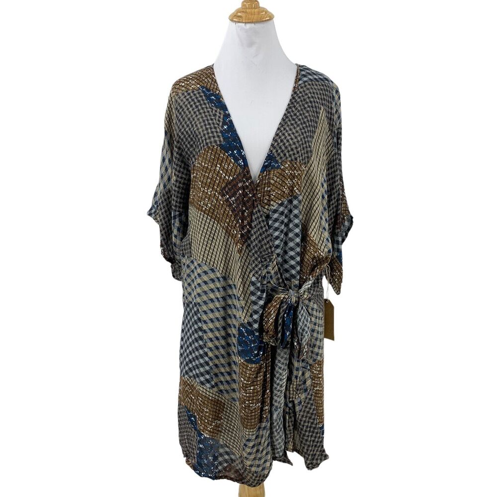 Wanderlux Patch Tie Wrap Dress Womens M Medium Boho Lightweight Short Sleeve
